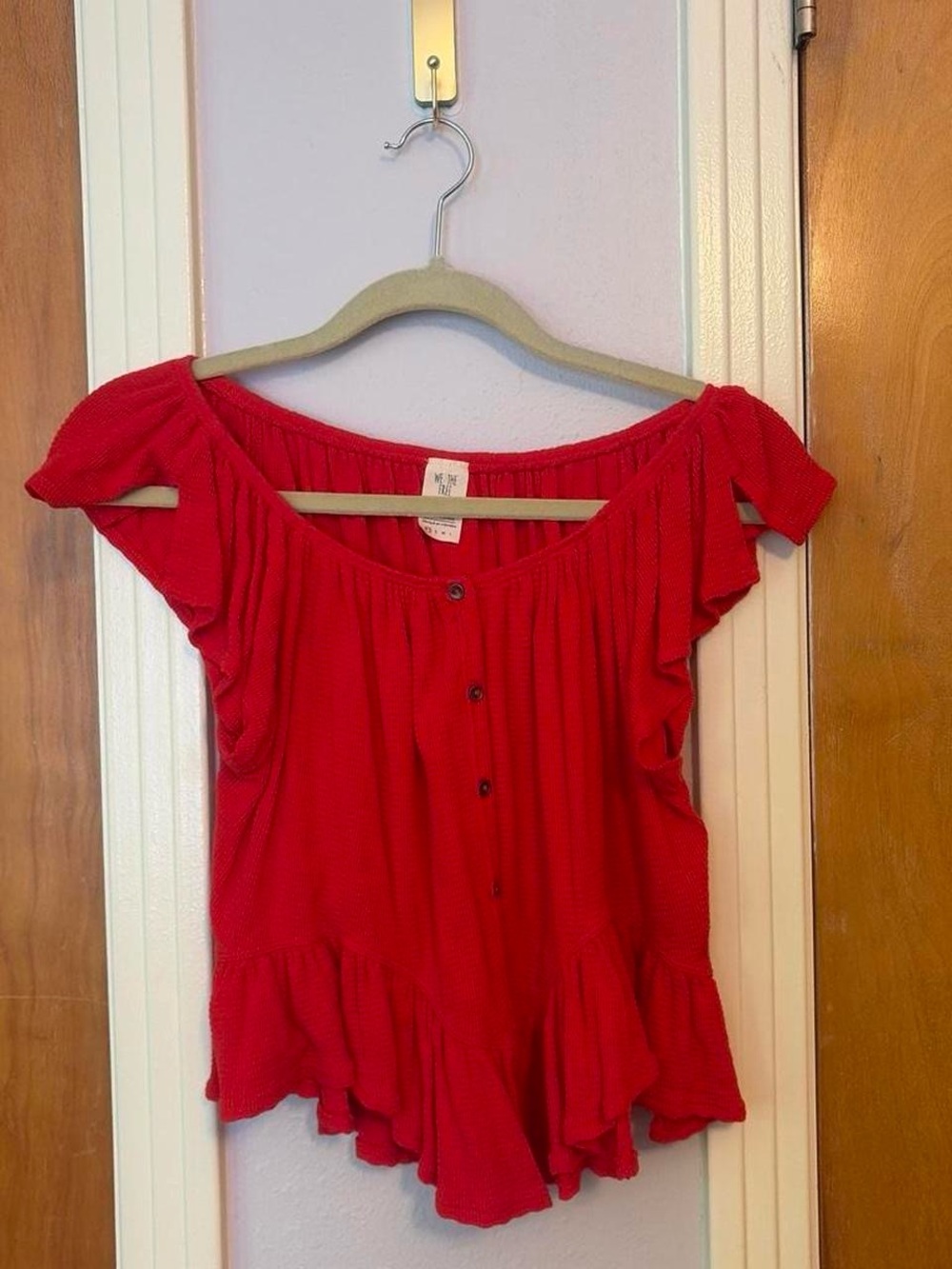 Free People Women’s Red Button-Front Ruffle Top XS